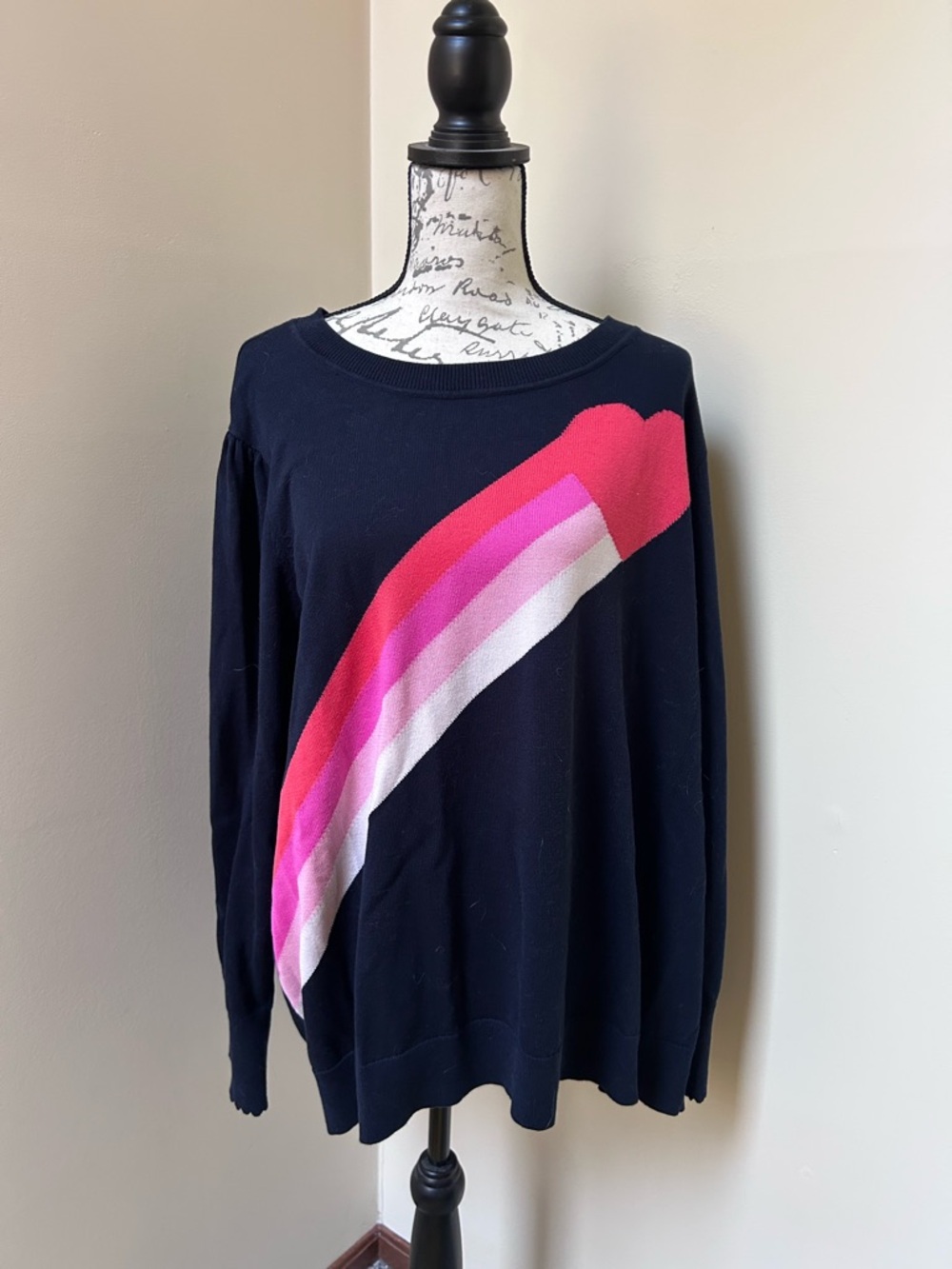 Tommy Hilfiger Navy Puff-Sleeve Crewneck Sweater with Heart and Pink Stripes
